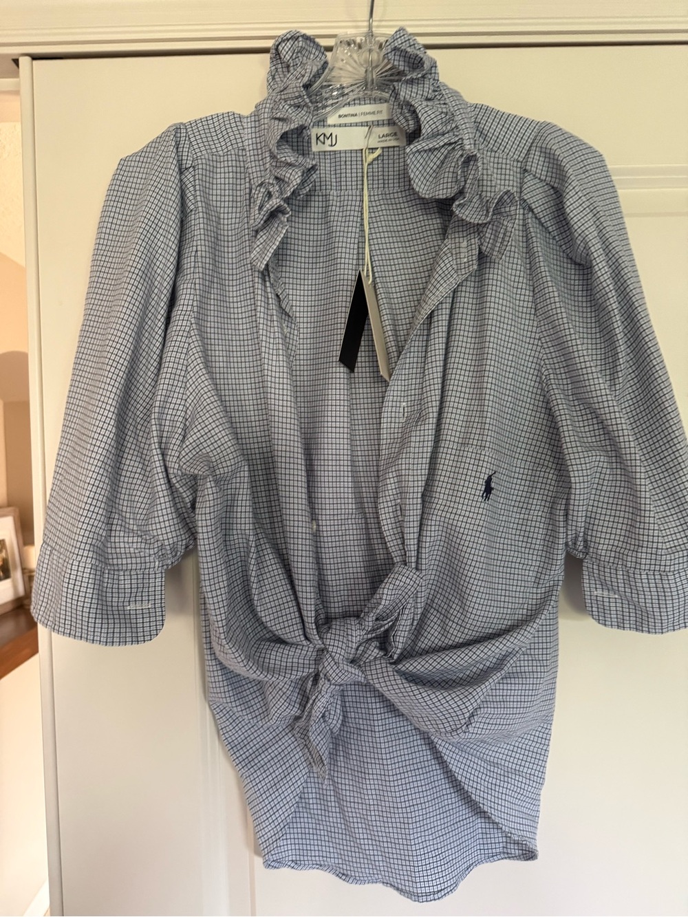 Kate McHale Jensen (KMJ) Blue Check Ruffle Tie-Front Women's Top. Bontina fit.